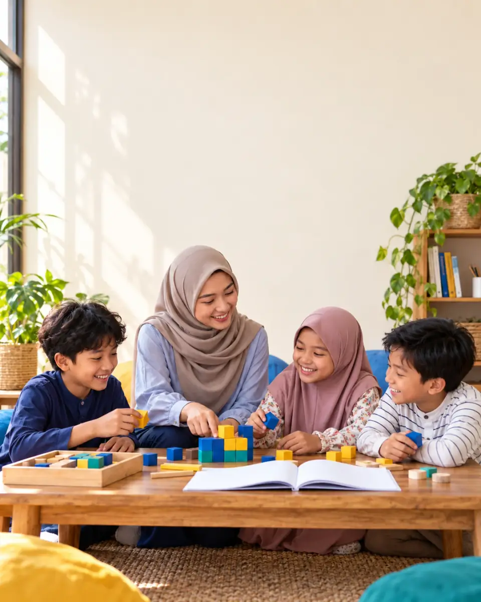 Tutor BIMBELYUK belajar bersama tiga murid memakai balok warna-warni