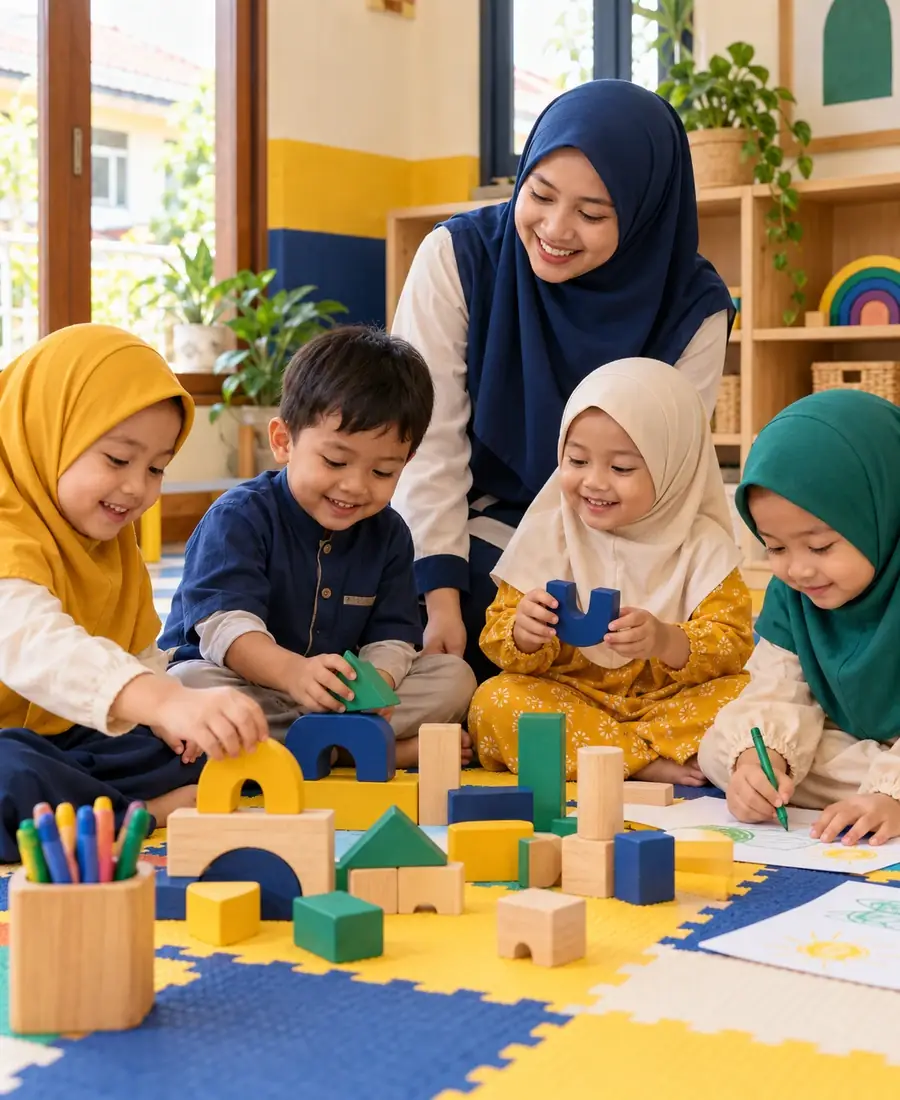 Anak PAUD bermain balok huruf bersama guru