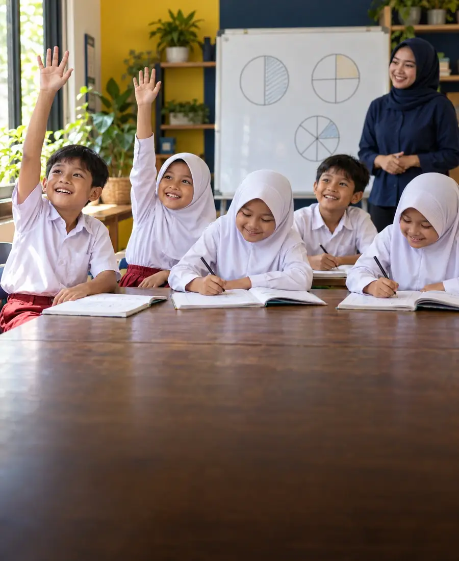 Murid SD mengangkat tangan di kelas