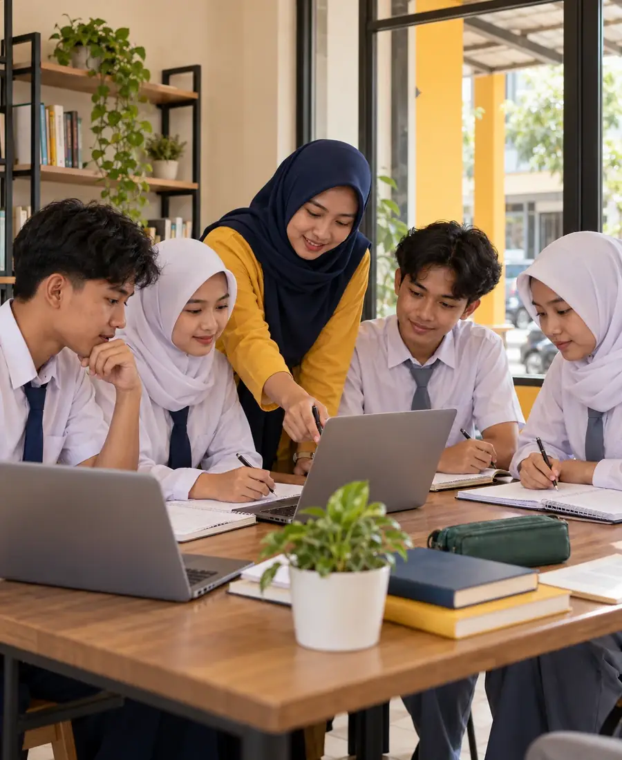 Murid SMP dan SMA belajar bersama tutor
