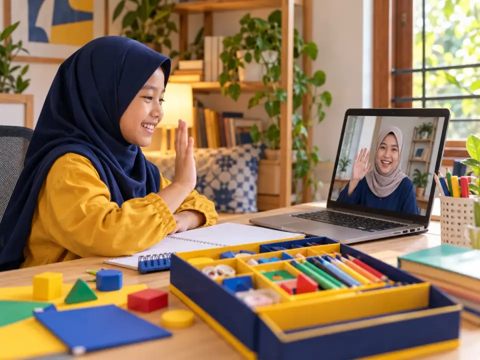 Anak belajar daring lewat laptop dengan kit belajar