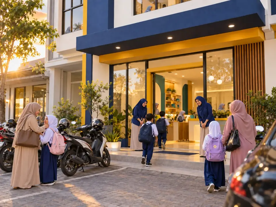 Gedung BIMBELYUK dengan orang tua mengantar anak di sore hari